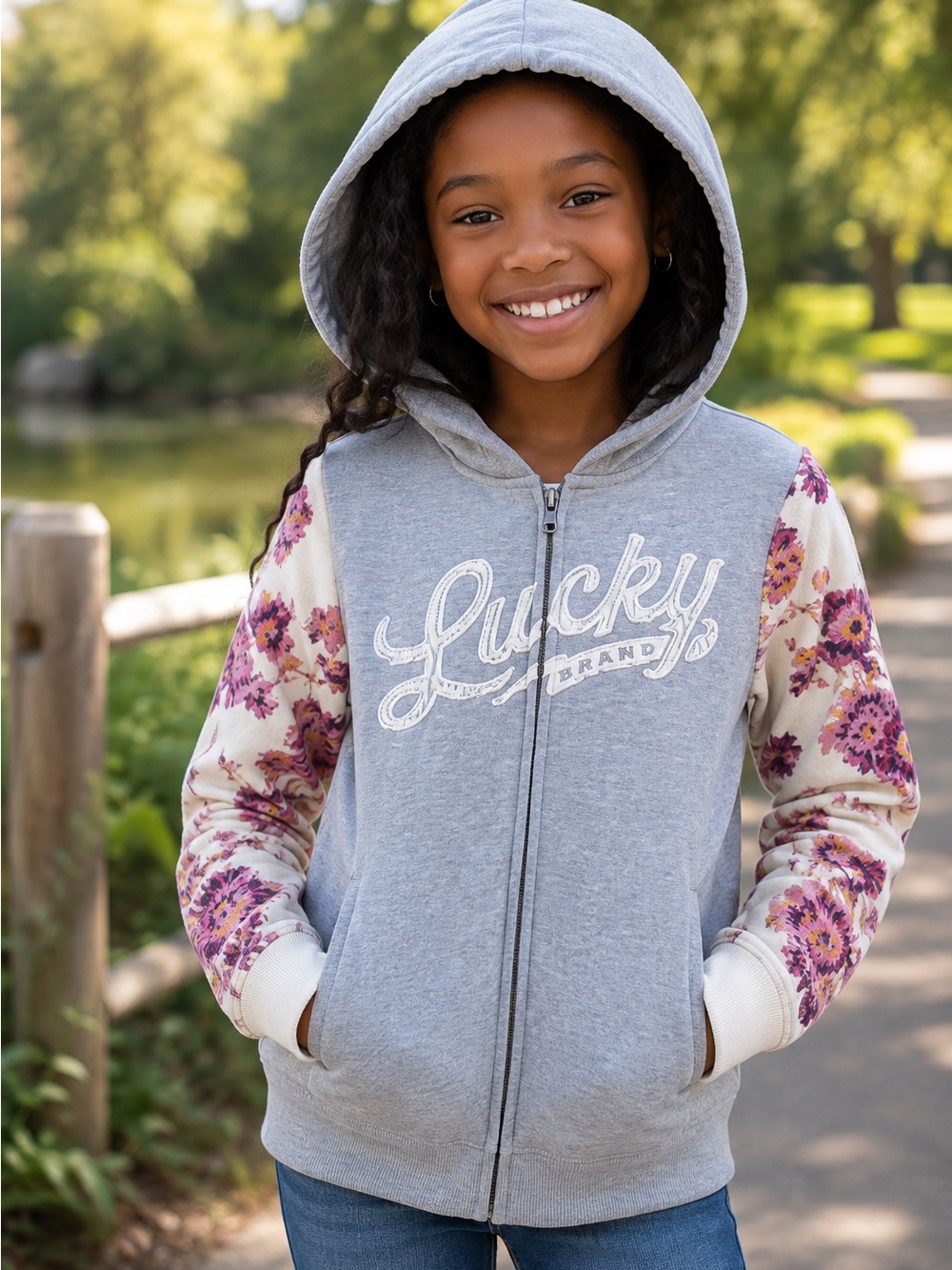 Lucky Brand Girls Hoodie Gray Floral Full Zip Plush Faux Fur Lined Size S 7/8